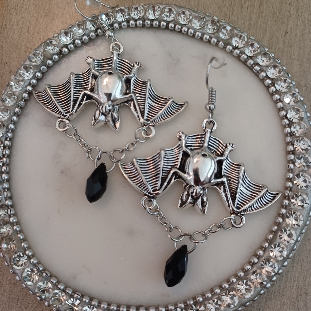 Silver Hanging Beaded Bat Dangle Drop Earrings
